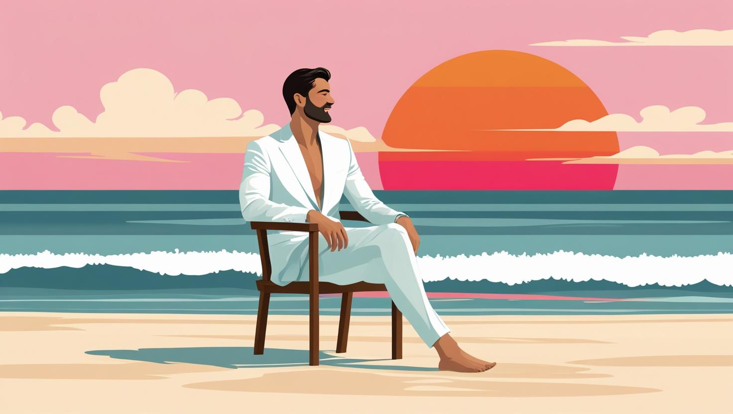 砂浜で椅子に座り黄昏れている紳士