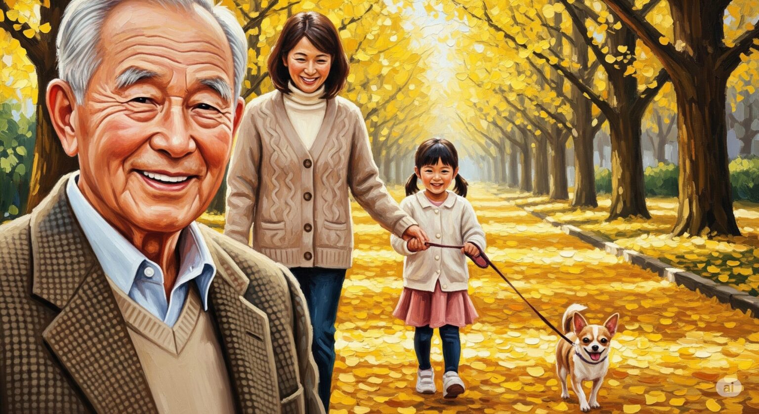 銀杏並木とシニア夫婦と孫