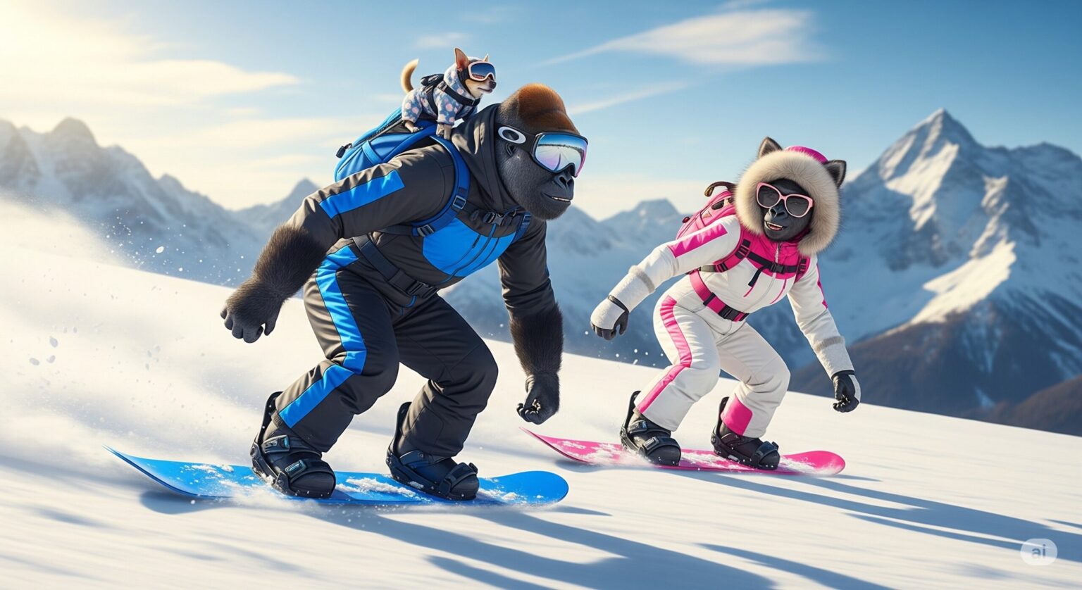 斜面を滑るゴリラ夫婦と愛犬