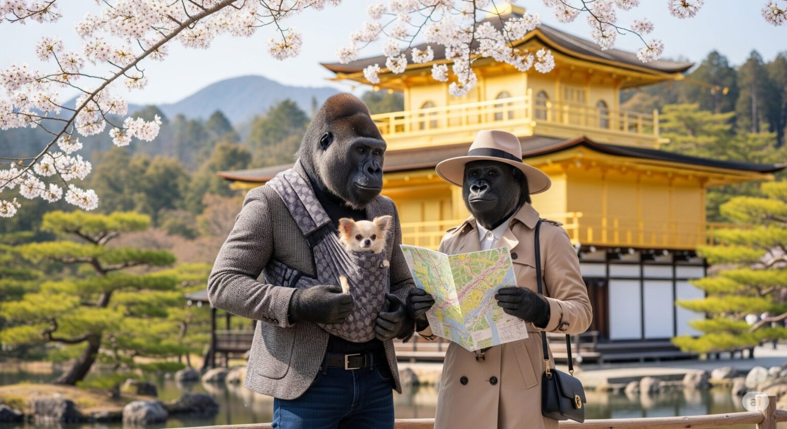 金閣寺、ゴリラ夫婦、桜