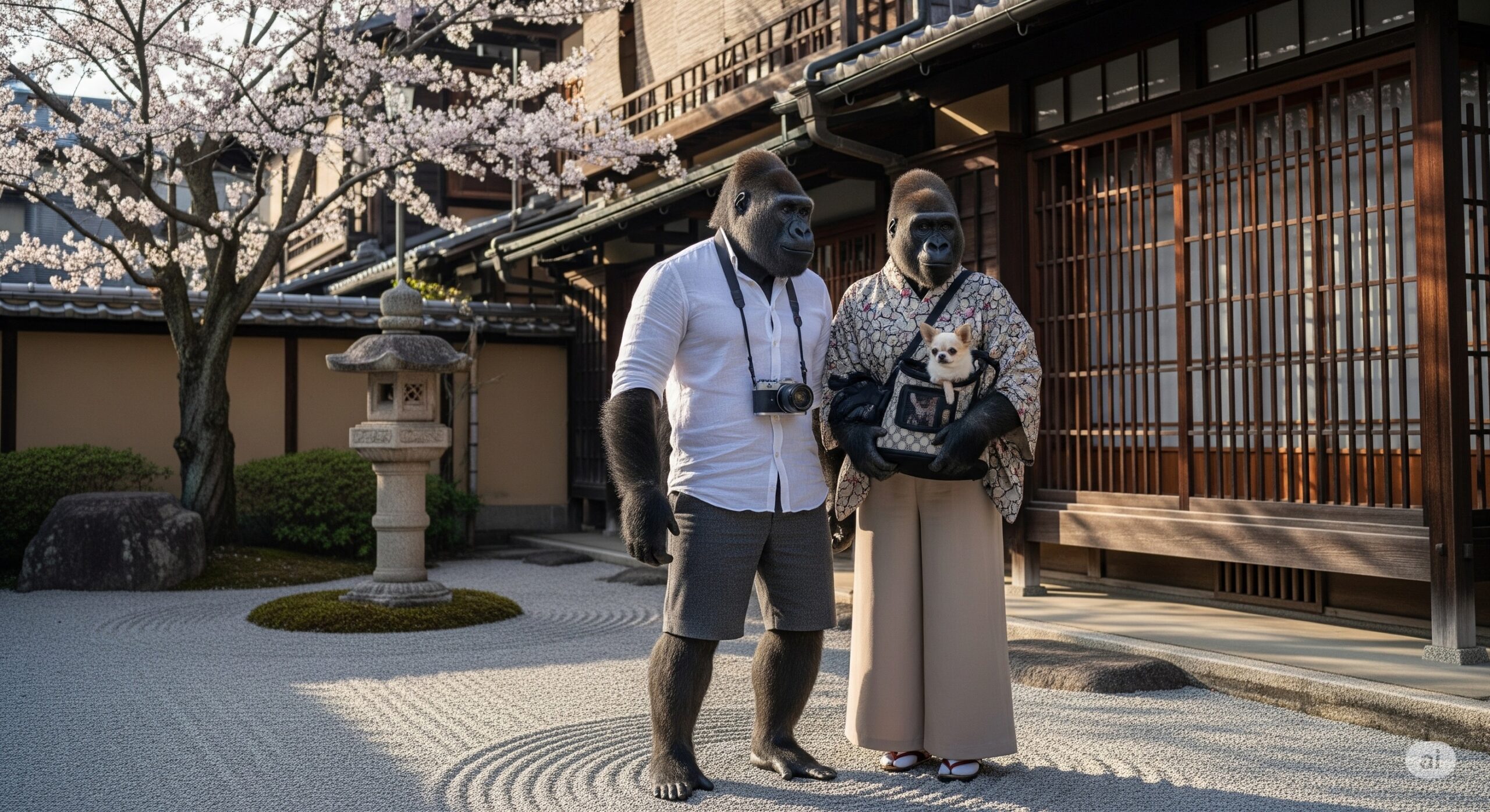 古都を散策するゴリラ夫婦と愛犬