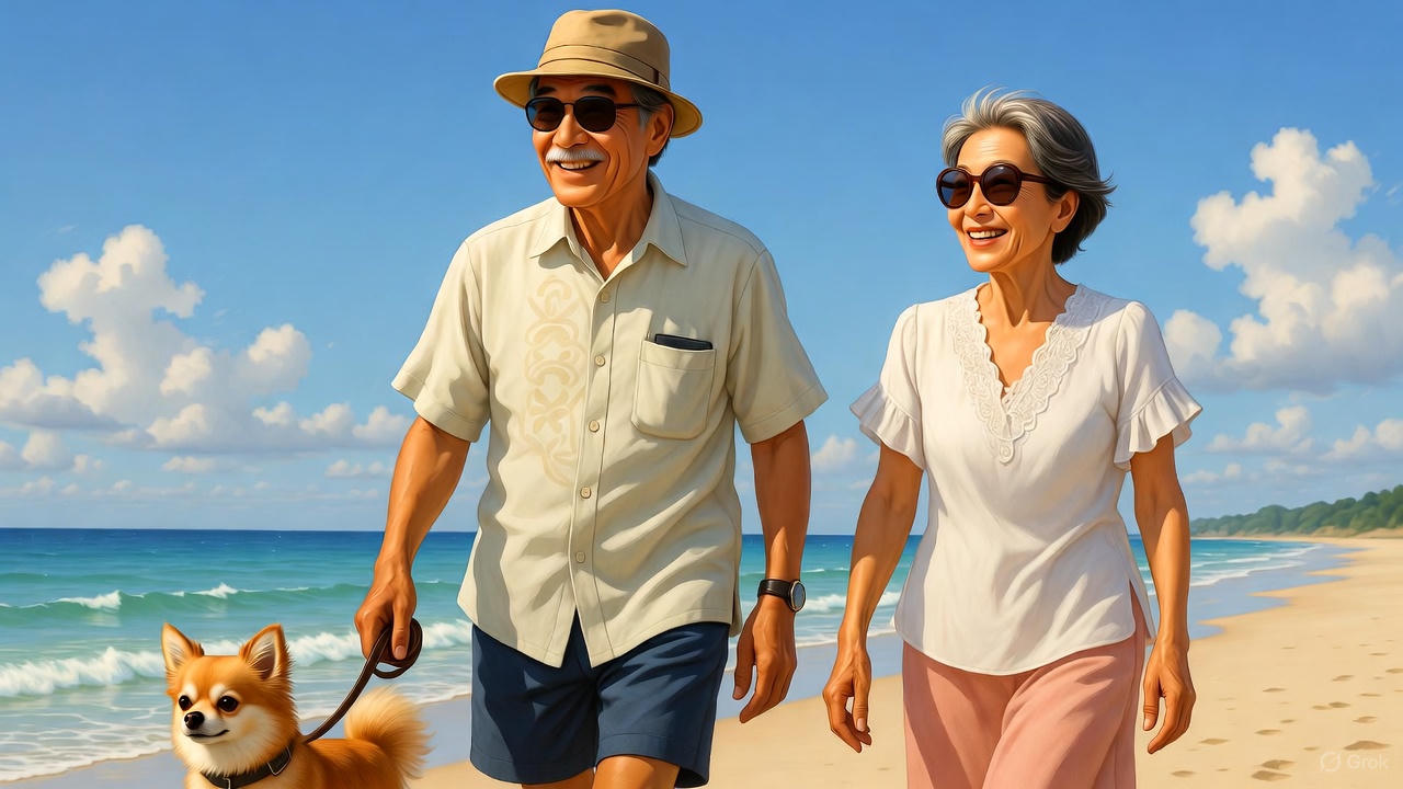 砂浜を散歩するシニア夫婦