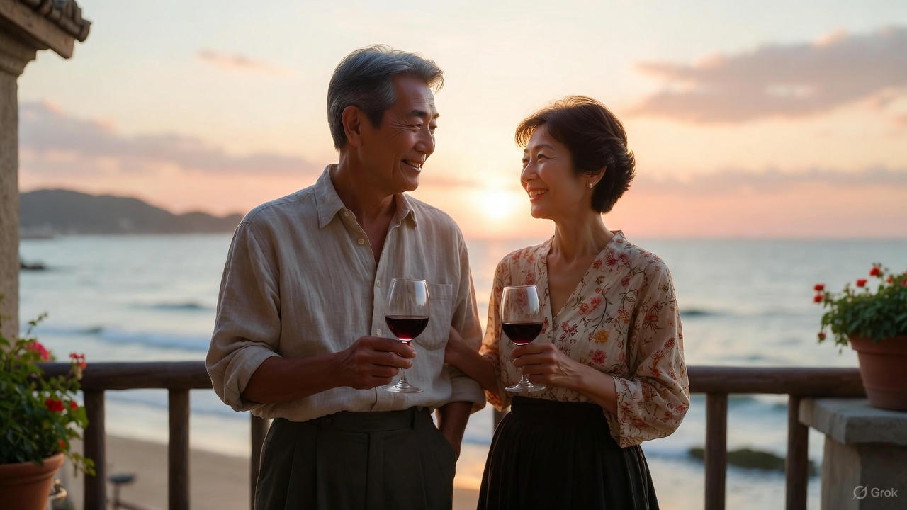 湖畔でたたずむシニア夫婦