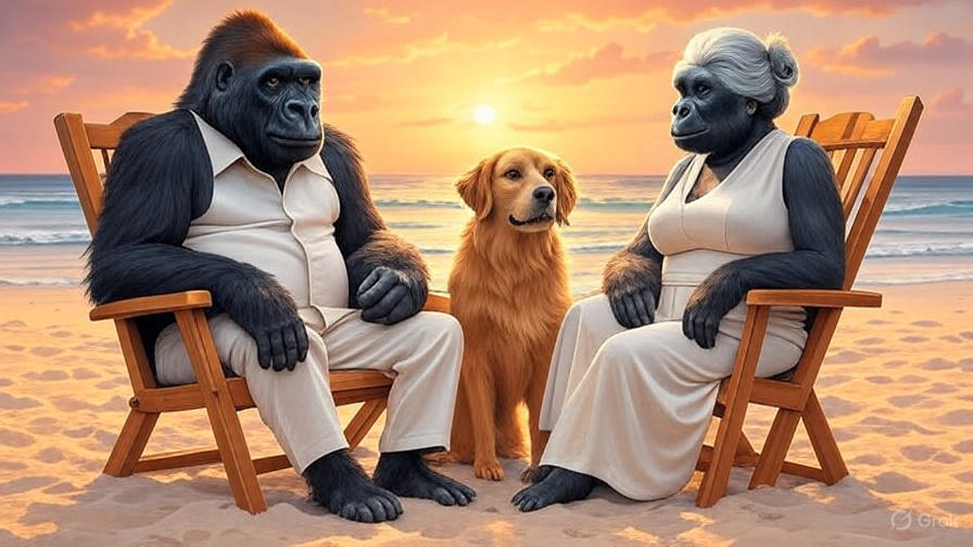 夕日、砂浜、ゴリラ夫婦と愛犬