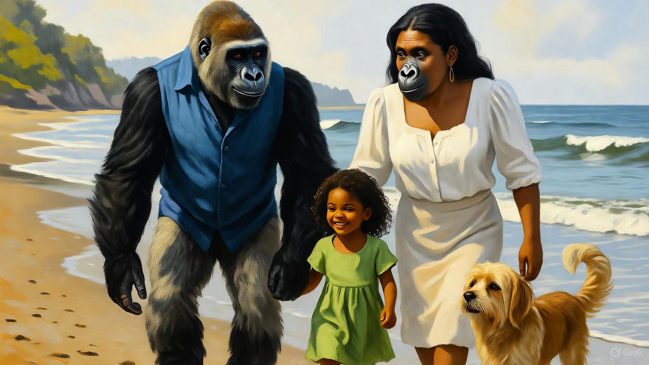 砂浜を歩くゴリラ夫婦と愛犬と孫