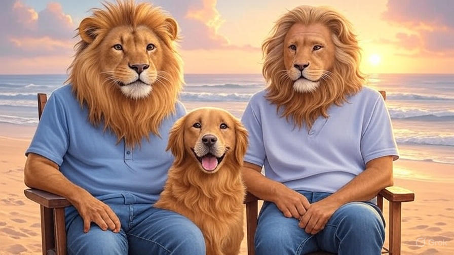 ライオン兄弟と愛犬、砂浜