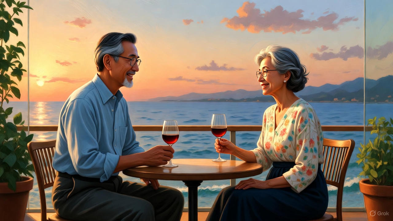 湖畔でテーブルに座りワインをのむシニア夫婦