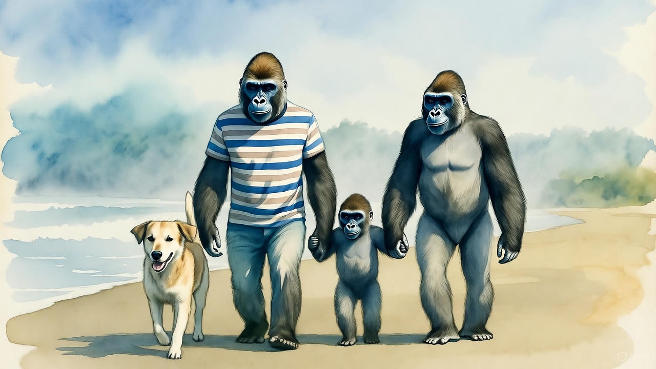 ゴリラ親子と愛犬散歩歩