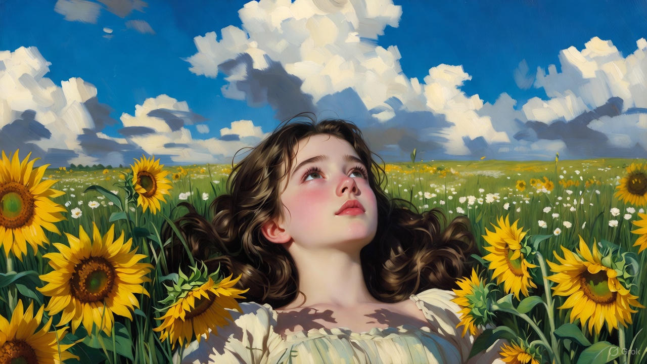 ひまわり畑に寝そべる少女