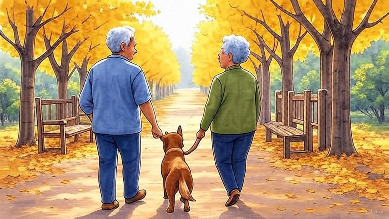 銀杏並木を散歩するシニア夫婦と愛犬