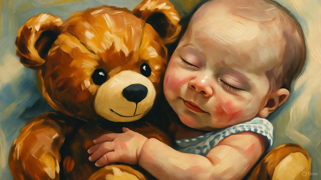 赤ちゃんとクマのぬいぐるみ