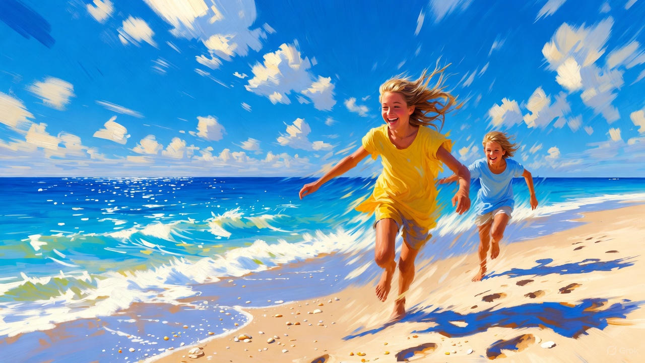 砂浜をかける青少年