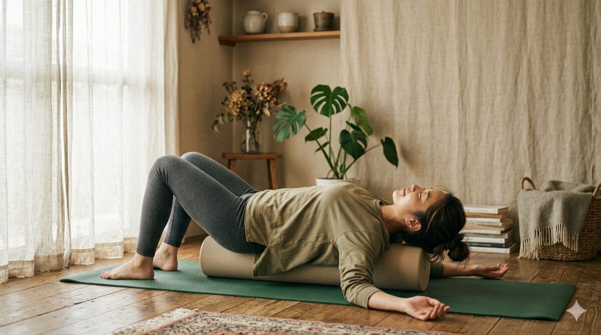 ストレットポールで体操する女性